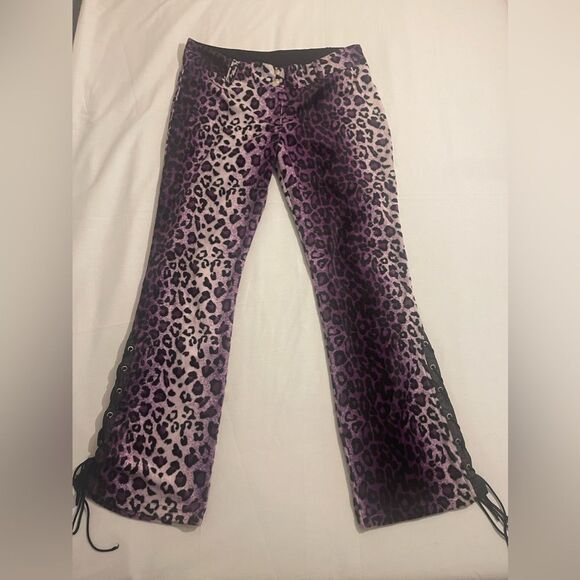 Lip Service Pants - Vintage 90s Lip Service Leopard Print Purple Fuzzy Velour Belted Pants Size 11